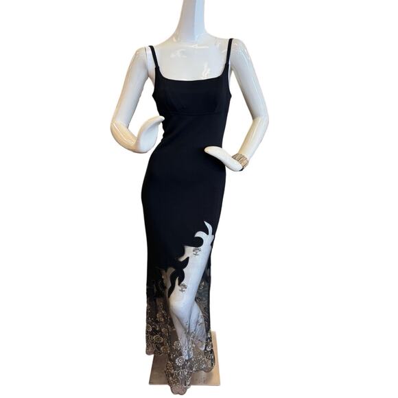 VTG Y2K 90s CACHE BLK Whimsygoth Maxi Dress Sheer Mesh Embroidered Floral Formal - Picture 3 of 6